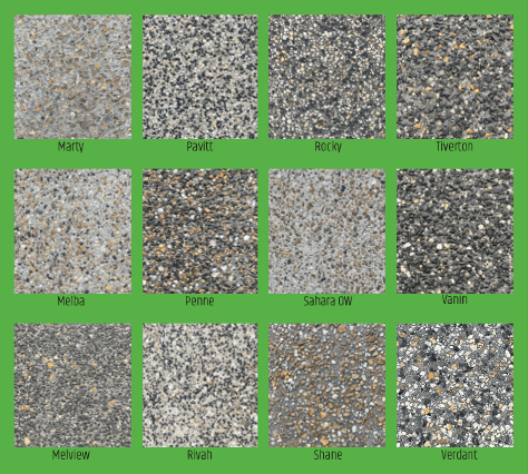 Gallery of different exposed aggregate options from Prestige Premix Concrete