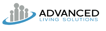 Advanced Living Solutions logo on a transparent background with black and light blue fonts.