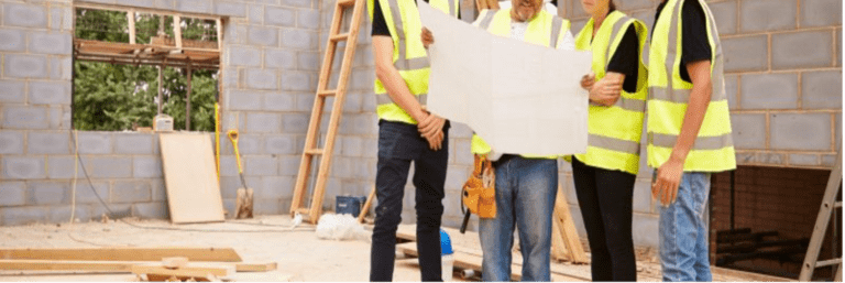 4 Tradies in high vis vests are in the middle of a construction site consulting a large paper plan