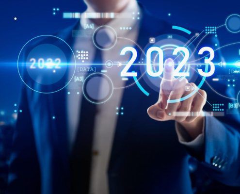 Blue background with tech sci-fi animation of numbers and data and a man in a blue suit pointing to a number