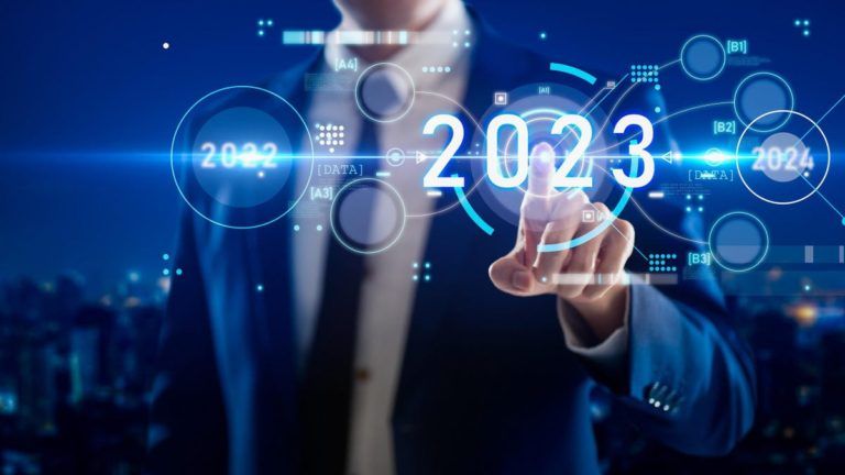 Blue background with tech sci-fi animation of numbers and data and a man in a blue suit pointing to a number