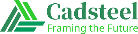 Transparent background with green triangular logo and green text “Cadsteel framing the future”