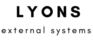 White background with upper case, bold, black text "Lyons". Second line lower case black text "external systems".