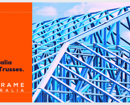 Metframe Australia motto and logo on an orange background. Steel frame house to the right