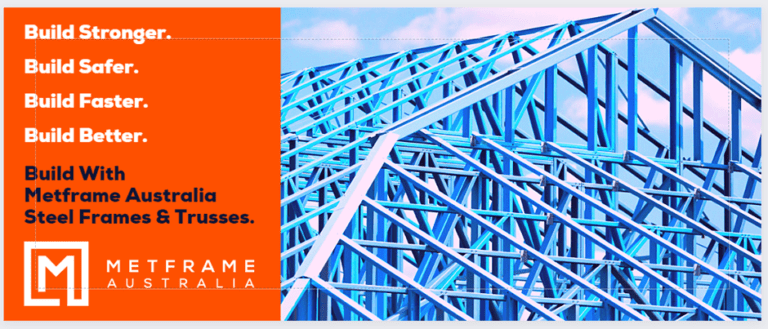 Metframe Australia motto and logo on an orange background. Steel frame house to the right