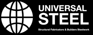 Black background with large bold white text "Universal Steel Structural Fabricators & Builders Steelwork" and white logo