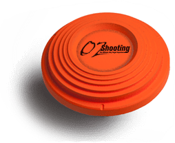 Orange clay target with black text "Oz Shooting"