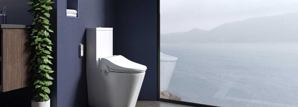 Luxury bathroom with a big window looking over the mountains. White toilet is backed against a navy blue wall and there’s a luxury bathtub in the centre.
