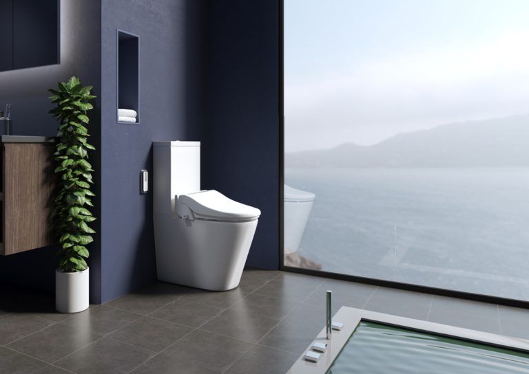Luxury bathroom with a big window looking over the mountains. White toilet is backed against a navy blue wall and there’s a luxury bathtub in the centre.