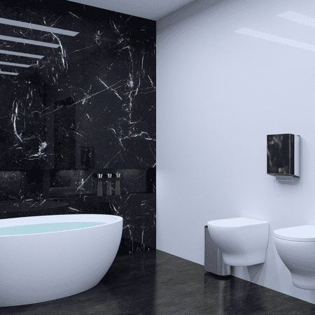 Monochrome modern bathroom with white toilet and white bidet. Black marble tiling behind a big white standing bath
