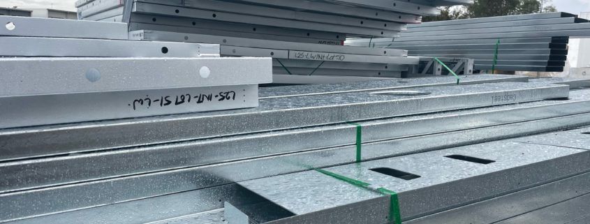 Pile of prefabricated steel at a construction site