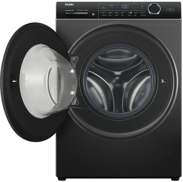 Product photo - Haier black front loader washing machine with door open