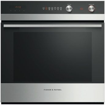 Product photo - Fisher & Paykel Stainless steel and black pyrolytic oven with two knobs and a handle bar