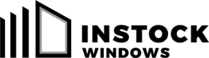 Black and white logo with black text “instock windows”