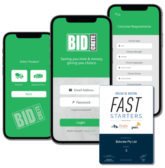 Bidcrete App on iPhone screens