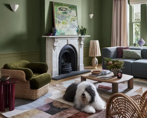 Dulux journey colour pallette green walls with signature fluffy Dulux dog