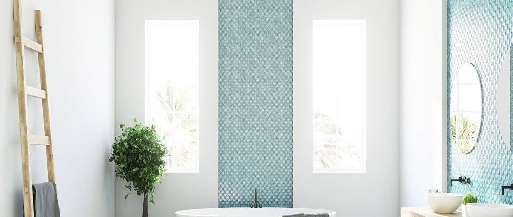 BDW wet room aesthetic blue tiles black tapestry