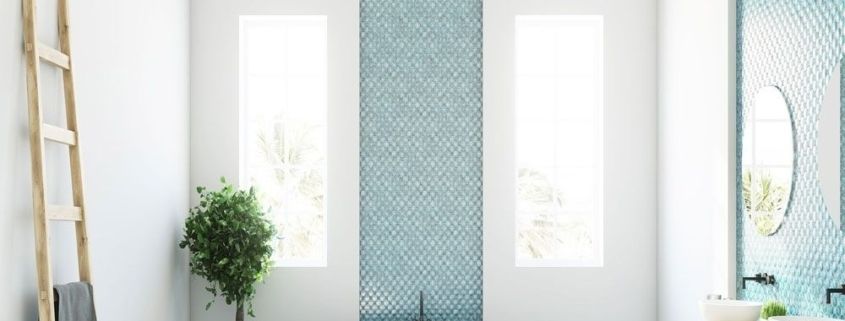 BDW wet room aesthetic blue tiles black tapestry