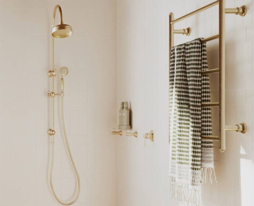 gold tapware and faucets and towel heater wet room