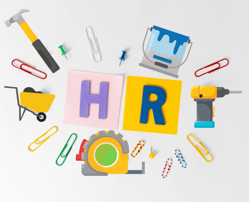 HR graphic with tools and paperclips surrounding it