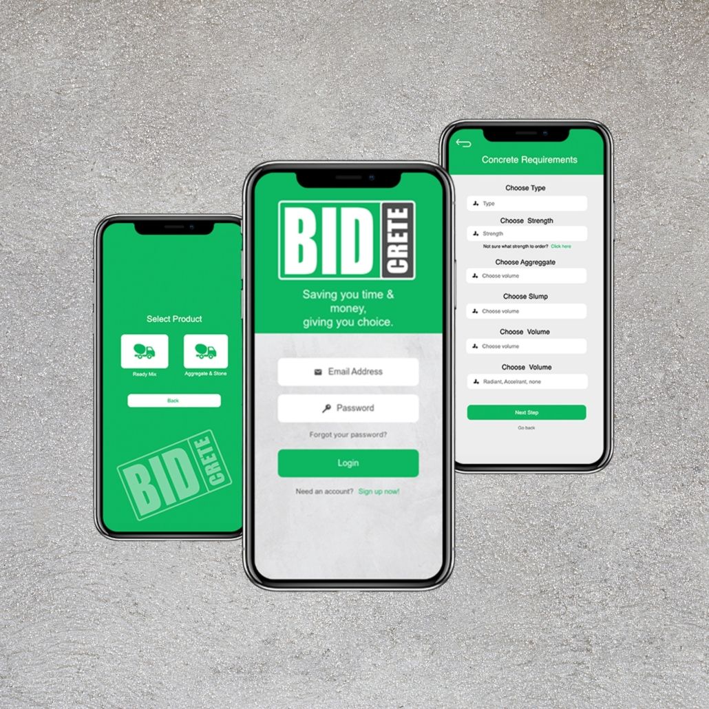 bidcrete phone app screens