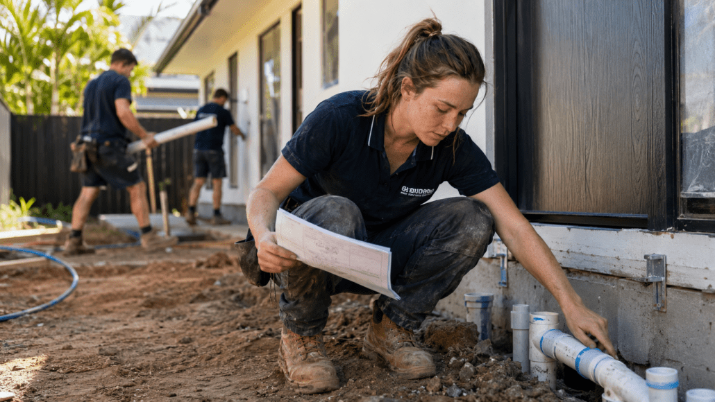 TAG woman plumber polo checking pipes