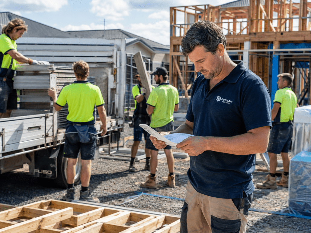 Builder checking supplier materials invoice delivery